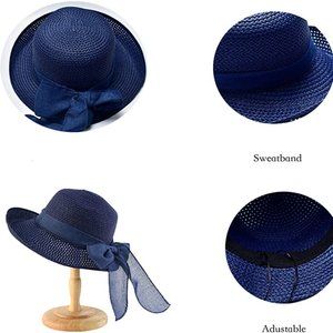 Sun Hat Summer Women Straw Big Brim Bowknot Blue